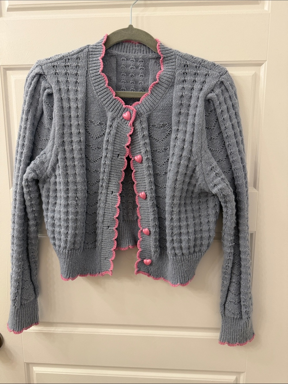 SHEIN Gray Knit Cardigan with Pink Scalloped Trim